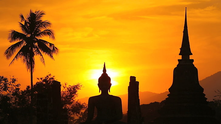 silhouette of man and woman, Thailand, yellow, Sun, temple, sky