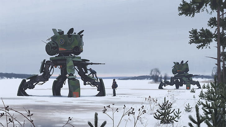 artwork, drawing, robot, Simon Stålenhag, futuristic, apocalyptic, HD wallpaper