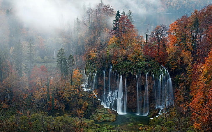 Nature, Landscape, Waterfall, Forest, Mist, Morning, Fall, Plitvice National Park, Croatia, HD wallpaper
