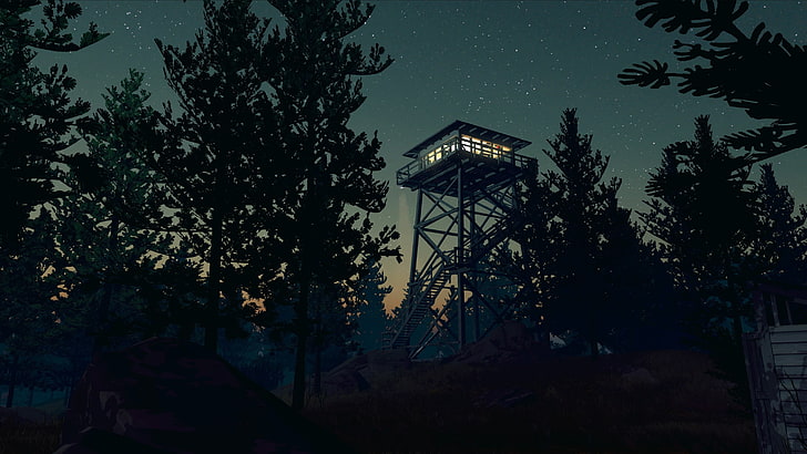 tower house, Firewatch, video games, night, forest, trees, stars