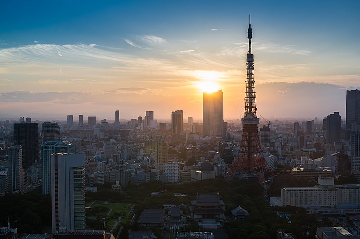 Tokyo Tower, Japan, photography, Sun, urban, cityscape, building