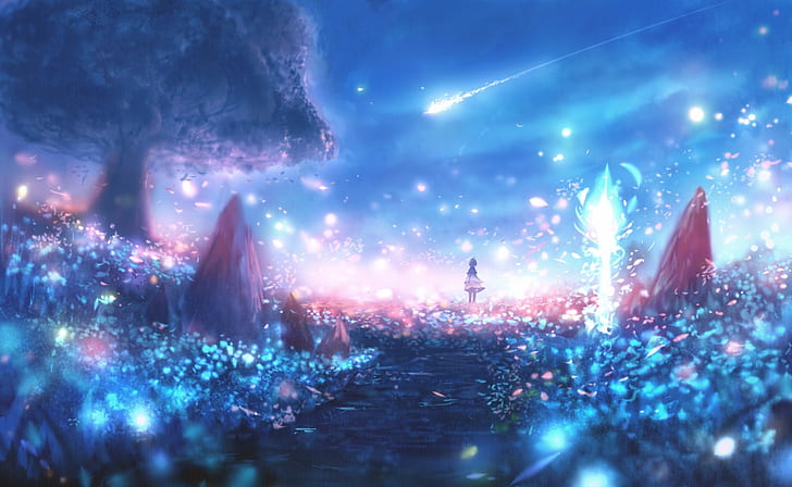 anime landscape, particles, scenic, polychromatic, lights