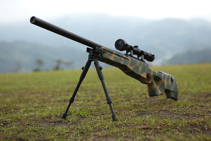 green, brown, and black sniping rifle, weapons, optics, sniper, HD wallpaper