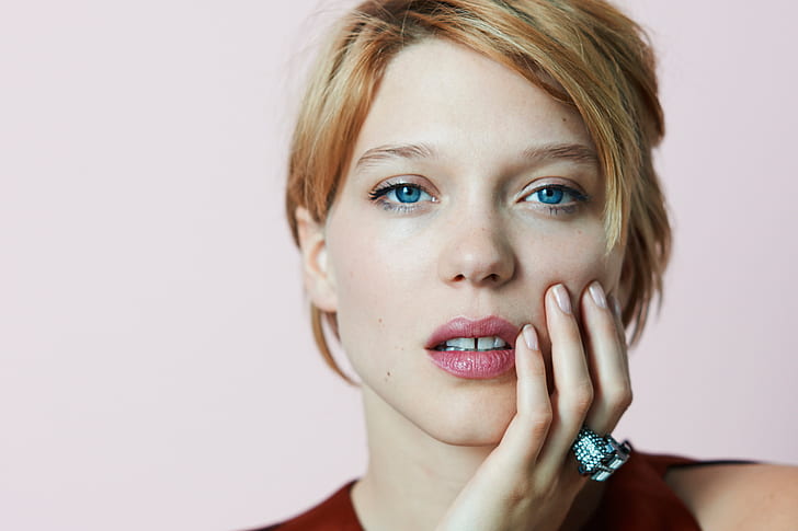 Léa Seydoux, actress, blonde, blue eyes, red nails, cleavage, women  indoors, HD phone wallpaper
