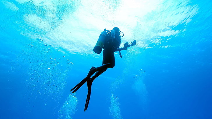 scuba, diver, sea, blue, camera, suit, black, tank, bubbles