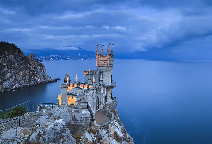 castle, coast, crimea, evening, nest, ocean, sea, swallow's, HD wallpaper