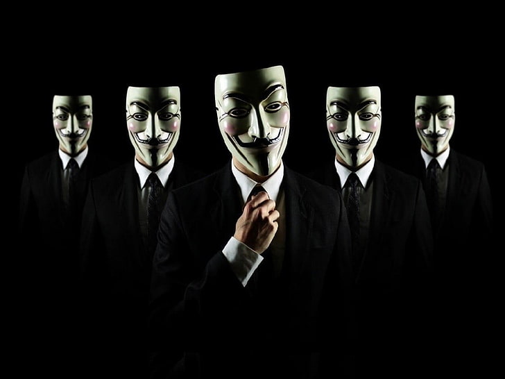 guy fawkes mask, Anonymous, men, suits, black background, business