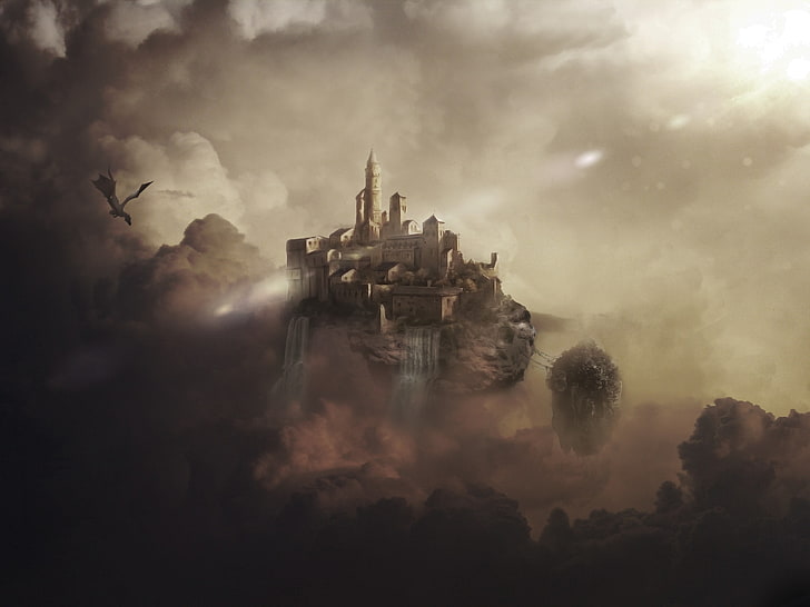 illustration of floating castle, fantasy art, digital art, dragon