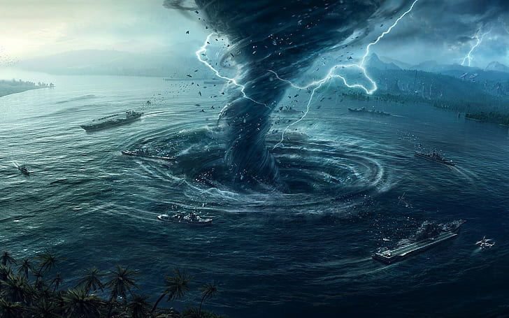 sea tornado, water, nature, blue, motion, power in nature, sky, HD wallpaper
