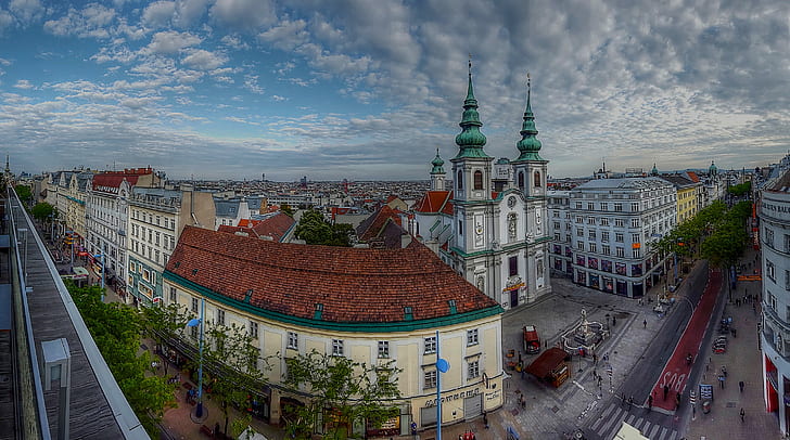 Austria, Vienna, church Mariahilf, brown and white concrete building
