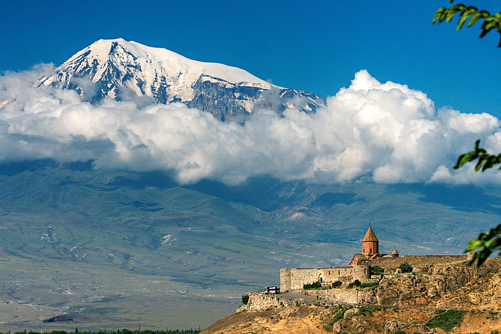 birds eye view of castle on mountain, ararat, armenia, height