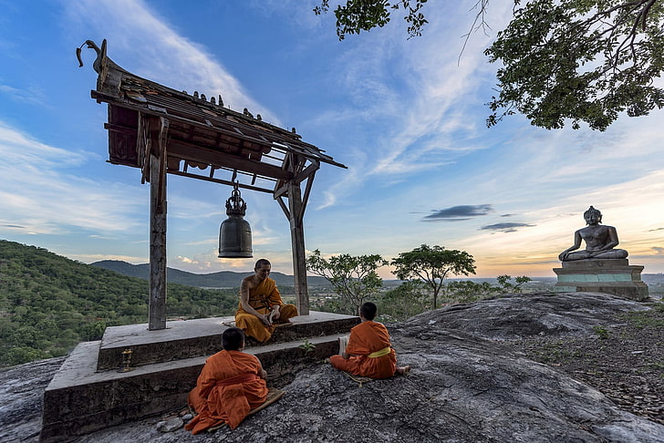 monks, Thailand, sky, architecture, religion, built structure