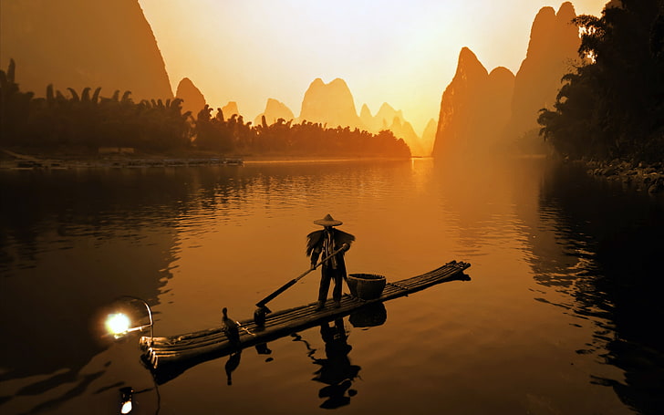 Guilin China Lijiang River Fisherman, water, sky, sunset, reflection, HD wallpaper