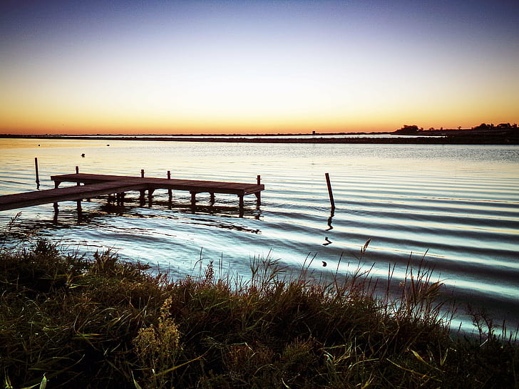 body of water near dock during sunset, sunrise, france, travel, HD wallpaper