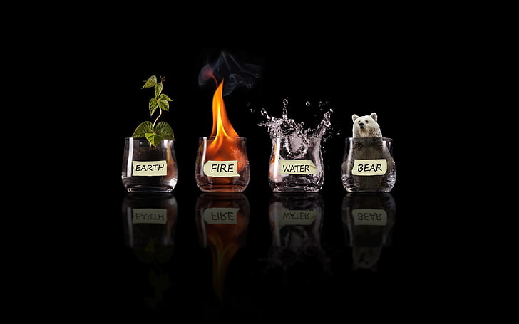 four elements, glass, fire, water, black, reflection, Earth, air