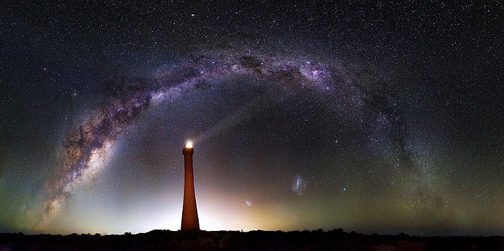 lighthouse painting, night sky, stars, galaxy, Milky Way, Australia, HD wallpaper