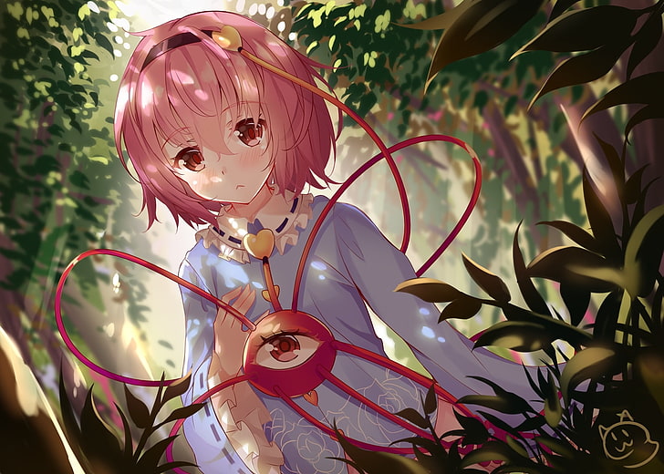 touhou, komeiji satori, pink hair, forest, short hair, Anime, HD wallpaper
