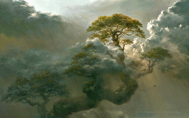 tree covered with clouds painting, fantasy art, plant, beauty in nature