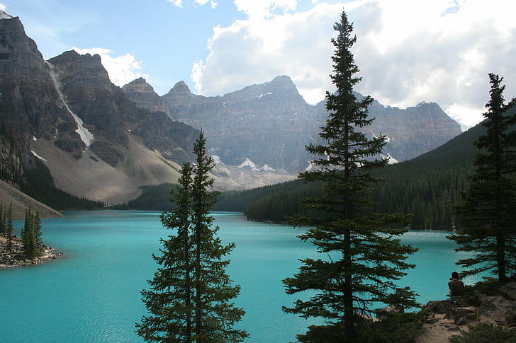 body of water surrounded by pine trees near mountain, banff, banff