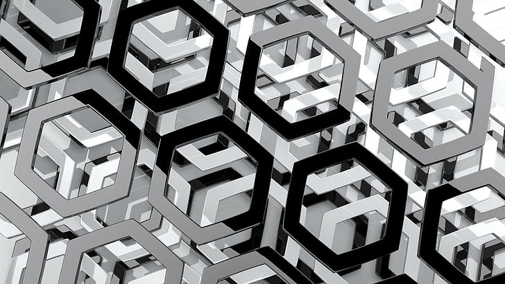 abstract, hexagon, render, monochrome, HD wallpaper