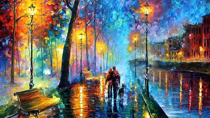 leonid afremov, painting, art, rainy, street, autumn, lights