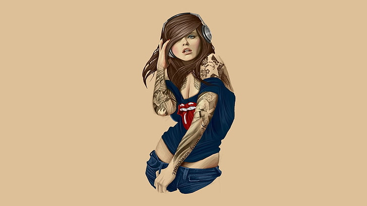 woman with headphones clip art, women, tattoo, Rolling Stones, HD wallpaper