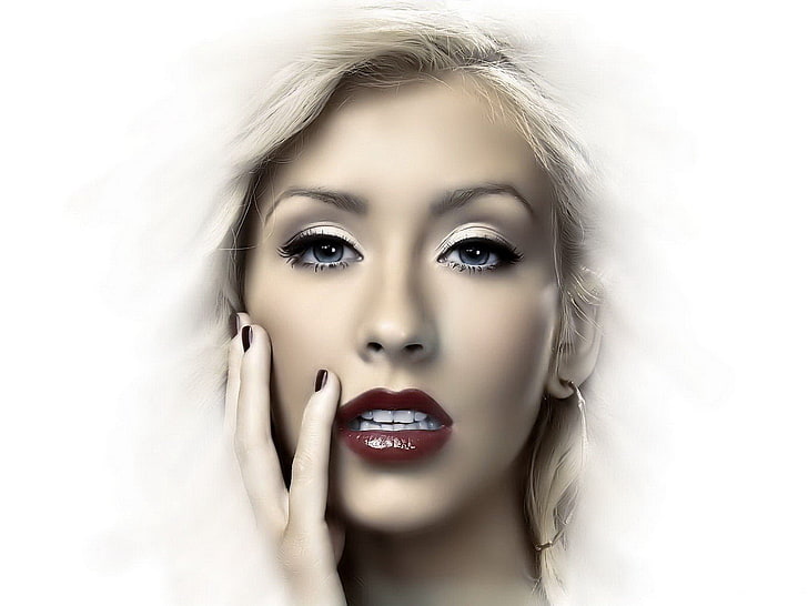 Christina Aguilera, singer, vignette, face, celebrity, red lipstick
