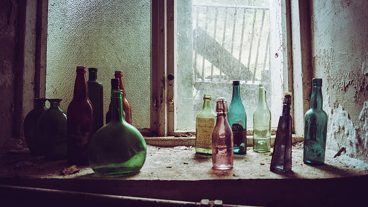 urbex, bottles, window, abandoned, urban decay, filter