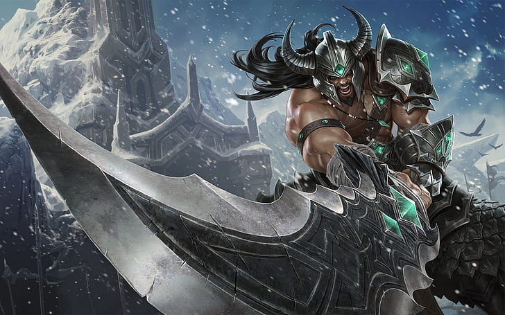 snow, rocks, sword, armor, warrior, rage, League of Legends, HD wallpaper