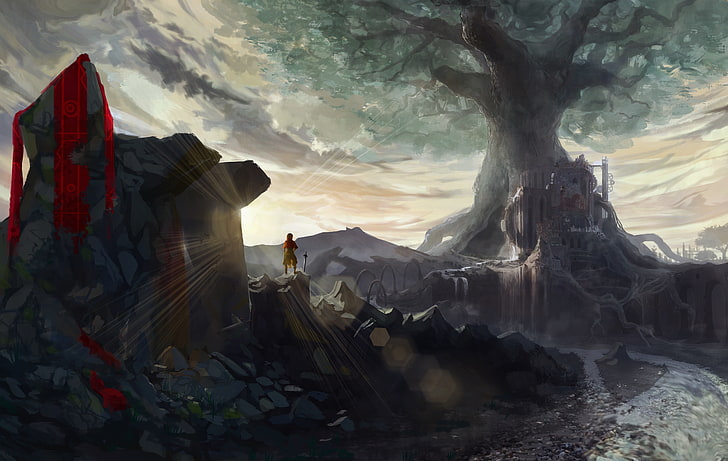 fantasy world, giant tree, sword, woman, edge, waterfall, river, HD wallpaper