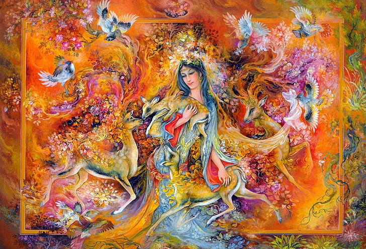 Fairy holding deer painting, Miniature Painting, Persian Art