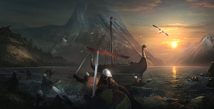 battle, birds, digital art, mountains, Sailing Ship, sea, Sergey Zabelin, HD wallpaper