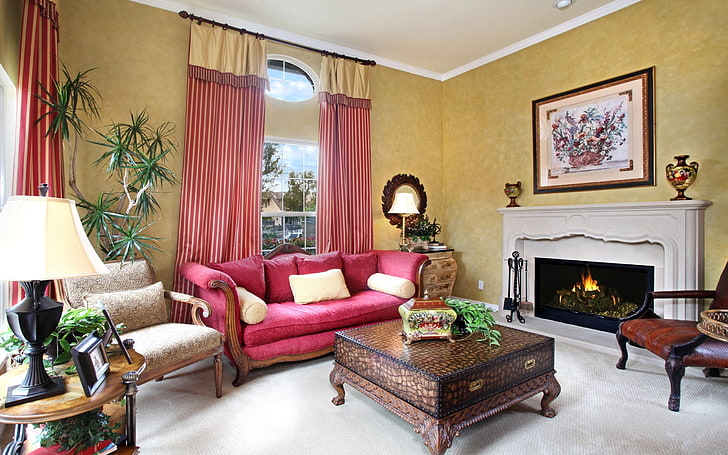 red seude sofa, vase, curtains, fireplace, painting, carpet, leather, HD wallpaper