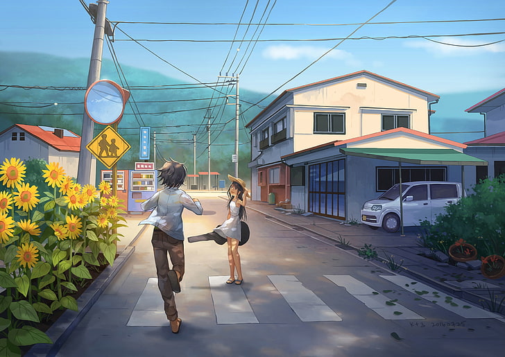 anime street, scenic, sunflower, girl and boy, strawhat, light dress
