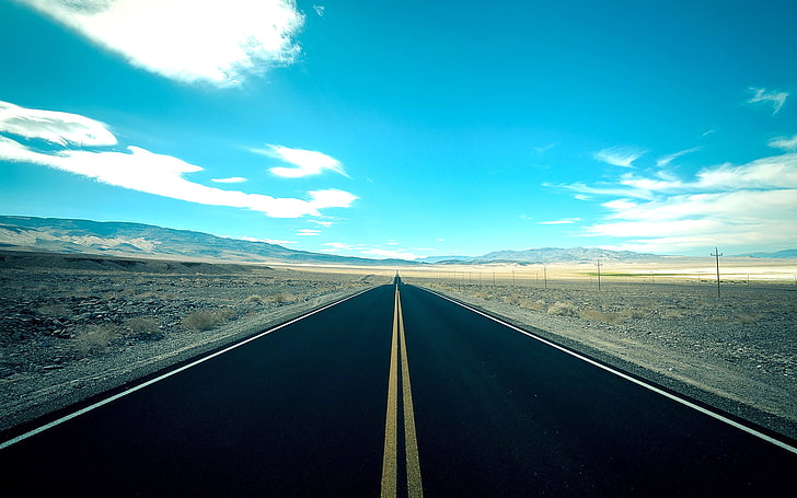 asphalt road, black concrete road at daytime, blue, desert, clouds
