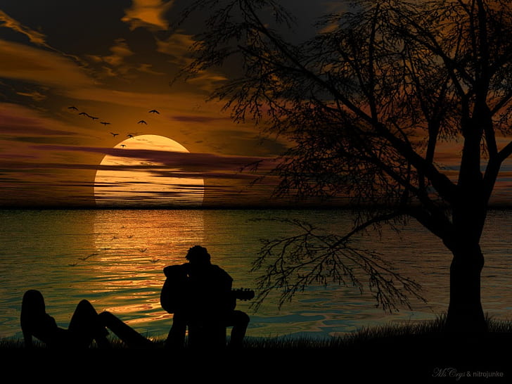 sunsets couple romantic guitars 1024x768  Nature Sunsets HD Art, HD wallpaper