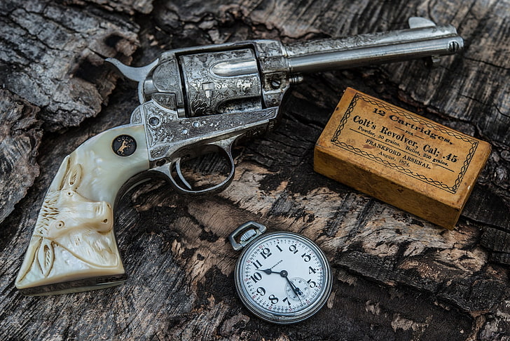 revolver, ammunition, weapon, HDR, gun, .45 Colt, clock, time, HD wallpaper