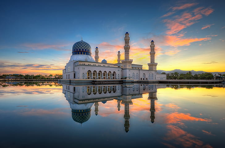 clouds, reflection, morning, mirror, Malaysia, Likas Bay, Kota Kinabalu city Mosque, HD wallpaper