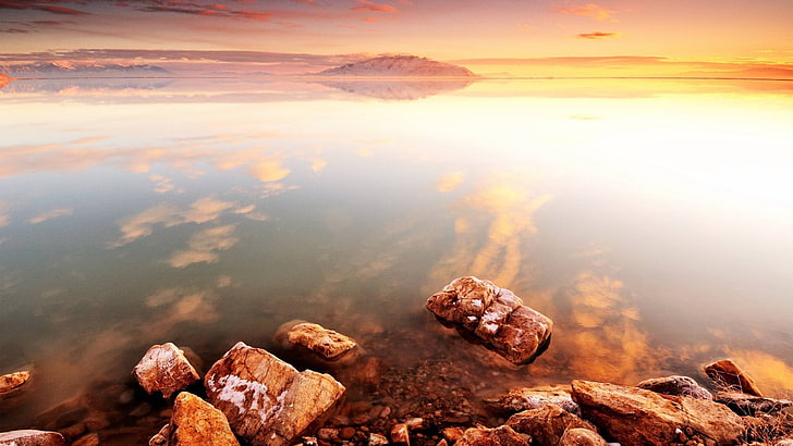 brown rock, nature, landscape, lake, water, solid, rock - object, HD wallpaper