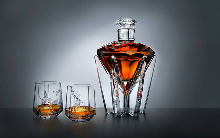 Cognac, clear glass whisky container with 2 shot glass, photography, HD wallpaper