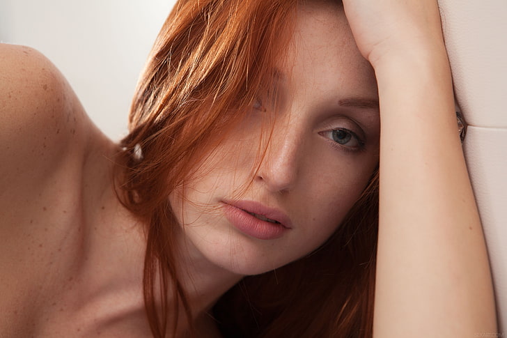 woman's face, redhead, Michelle H. Paghie, model, in bed, portrait
