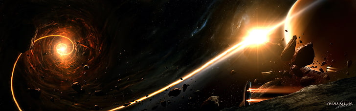 black and yellow cosmic wallpaper, space, planet, asteroid, spaceship