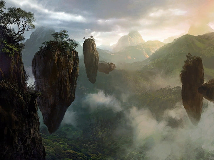 rocky mountains at daytime, floating island, landscape, artwork, HD wallpaper
