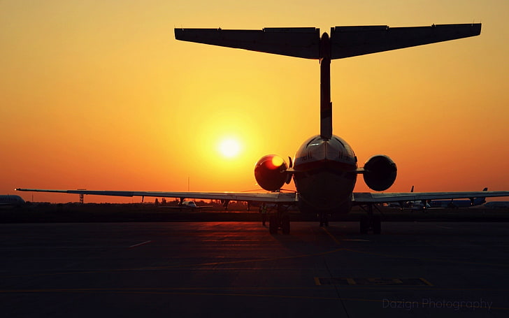 silhouette of airplane, sunset, sunlight, landscape, aircraft