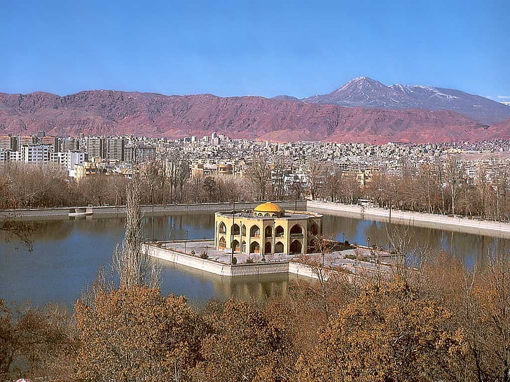 white and brown concrete house, Iran, mountain, water, lake, sky, HD wallpaper