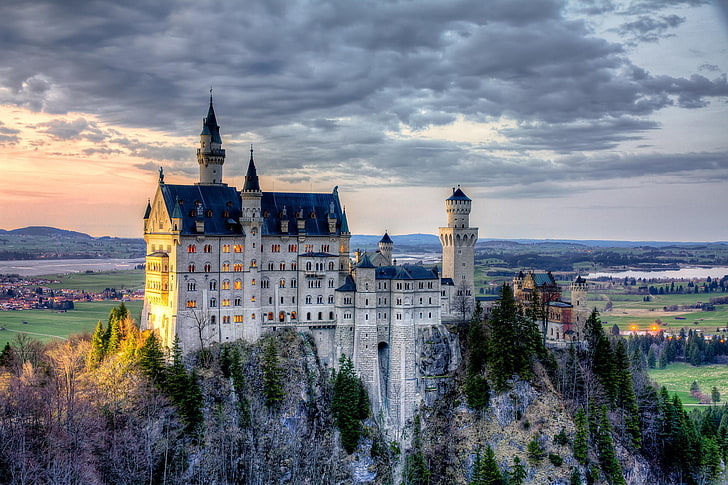 white and blue castle, Germany, Bayern, Bavaria, Neuschwanstein Castle, HD wallpaper