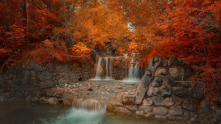 nature, landscape, fall, bridge, park, river, red, amber, leaves