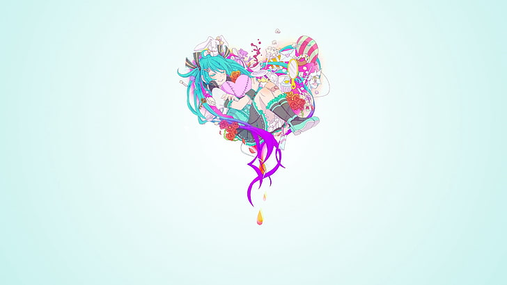 teal haired woman anime illustration, girl, heart, colorful, abstract