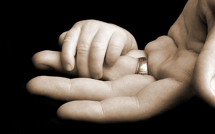 gold-colored ring, hands, fingers, baby, bond, family members