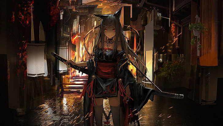 female anime character with sword illustration, manga, architecture